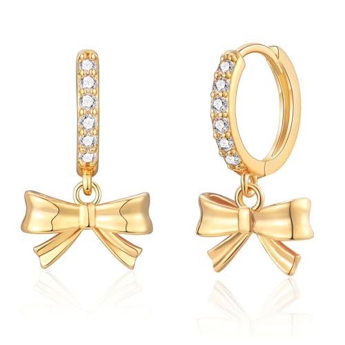 Ohrringe Gold Hängend Damen, Creolen mit Zirkonia Schleife Ohrringe Schmuck Geschenke für Freundin Frauen Mädchen zum Geburtstag Weihnachten von LYTOPTOP