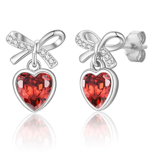 Ohrringe Silber Hängend Damen, Ohrstecker mit Anhänger Zirkonia Herz Schleife Ohrringe Schmuck Geschenke für Freundin Mädchen Roter Zirkonia von LYTOPTOP