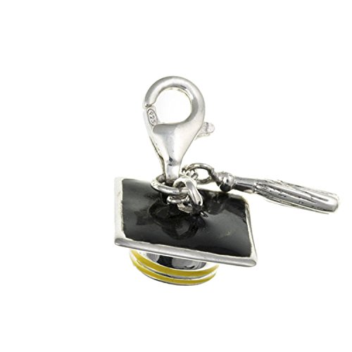LYVQZPWLR925 silberne Amulett, Clip-on-Charm mit Doktorhut for Abschlussfeier/Lehrer, schwarzer Emaille, Sterlingsilber von LYVQZPWLR