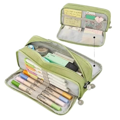 LYXYGMV Große Kapazität Bleistift Fall Schule Multifunktionale Kreative Box Student Canvas Tasche Schreibwaren Nette Kawaii Stift Für Schulbedarf und Büro(Green) von LYXYGMV
