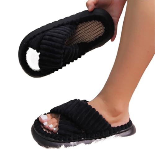 LYXYGMV Hausschuhe aus massivem Leinen for Damen, offene Zehenpartie, gekreuztes Band, Innensohlen aus Leinen, rutschfeste Innen-Plateau-Hausschuhe Für zu Hause(Black,38-39(23.5-24cm)) von LYXYGMV