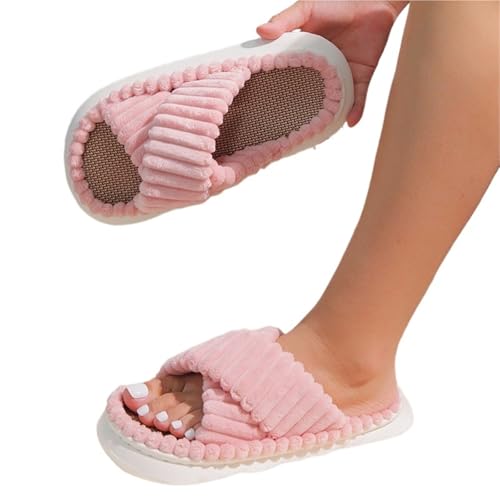 LYXYGMV Hausschuhe aus massivem Leinen for Damen, offene Zehenpartie, gekreuztes Band, Innensohlen aus Leinen, rutschfeste Innen-Plateau-Hausschuhe Für zu Hause(Pink,40-41(24.5-25cm)) von LYXYGMV