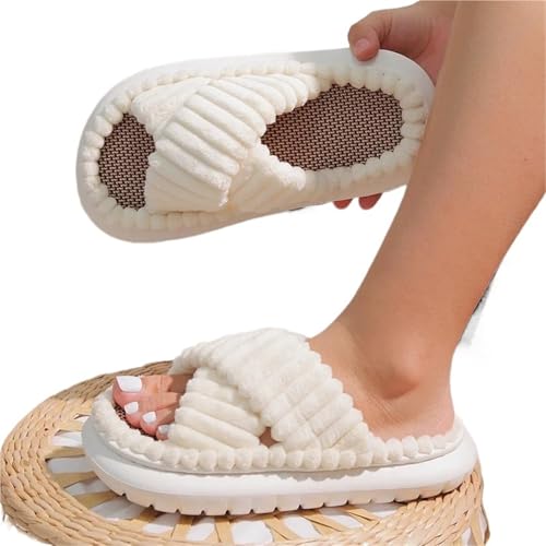 LYXYGMV Hausschuhe aus massivem Leinen for Damen, offene Zehenpartie, gekreuztes Band, Innensohlen aus Leinen, rutschfeste Innen-Plateau-Hausschuhe Für zu Hause(White,42-43(25.5-26cm)) von LYXYGMV