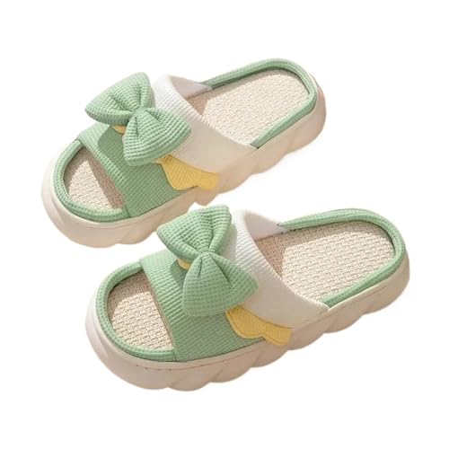 LYXYGMV Leinenpantoffeln Damen Hausschuhe Anti-Rutsch-Hausschuhe aus Baumwolle Niedliche Bowknot Flache Pantoffel Slides Frühling Sommer Für zu Hause(Green,36-37) von LYXYGMV