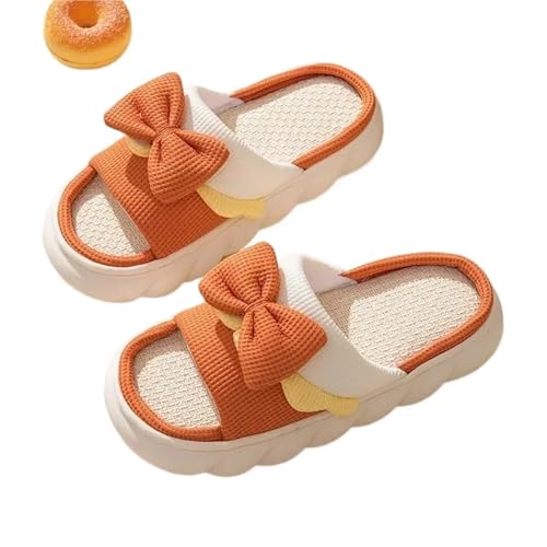 LYXYGMV Leinenpantoffeln Damen Hausschuhe Anti-Rutsch-Hausschuhe aus Baumwolle Niedliche Bowknot Flache Pantoffel Slides Frühling Sommer Für zu Hause(Orange,38-39) von LYXYGMV