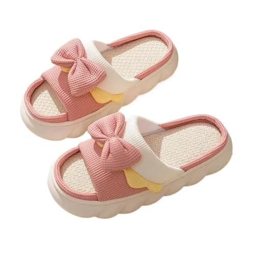 LYXYGMV Leinenpantoffeln Damen Hausschuhe Anti-Rutsch-Hausschuhe aus Baumwolle Niedliche Bowknot Flache Pantoffel Slides Frühling Sommer Für zu Hause(Pink,40-41) von LYXYGMV