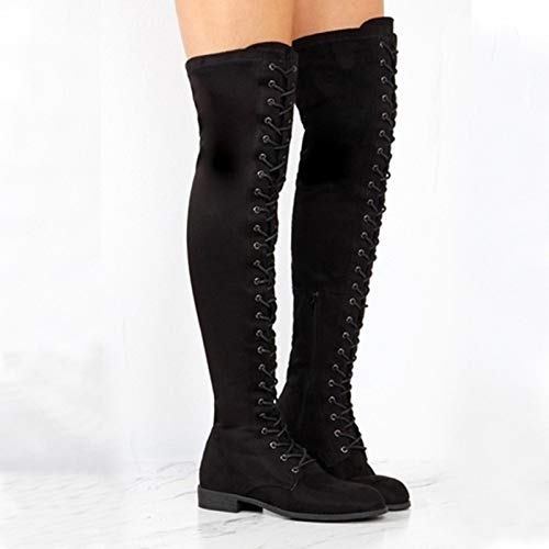 LYYJF Damen Winterschuhe aus PU-Leder im Stil von Rom, Halbwaden-Stiefel, Winterstiefel, Gothic, Militärstiefel, Damen, Winter, lang, Schwarz, 36 von LYYJF