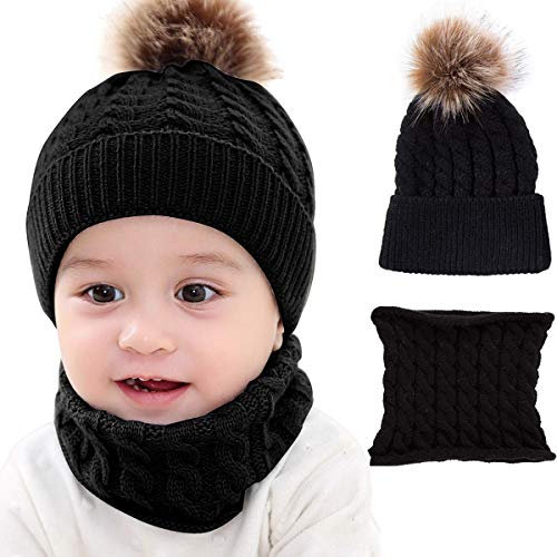 CheChury Baby Kinder Winter Warm Gestrickter Mütze Schal Sets Winterschal Warme Schlupfmütze Winter Hat Schlauchschal Set Slouchy 0-36 Monate,Schwarz,OneSize von CheChury