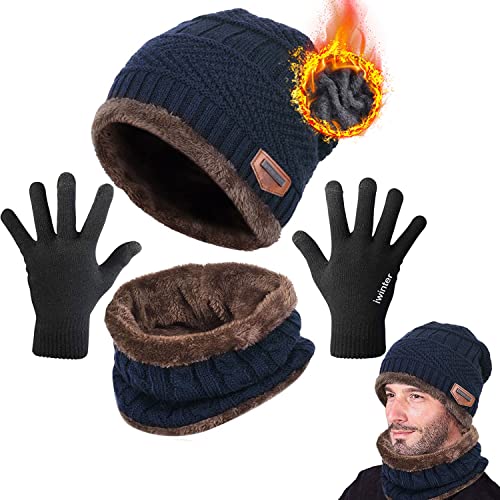 CheChury Herren Damen Wintermütze Strickmütze Touchscreen Handschuhe Schal Fleecefutter Dicke Beanie Schal Set Slouchy Warmen Knit Outdoor Sport von CheChury