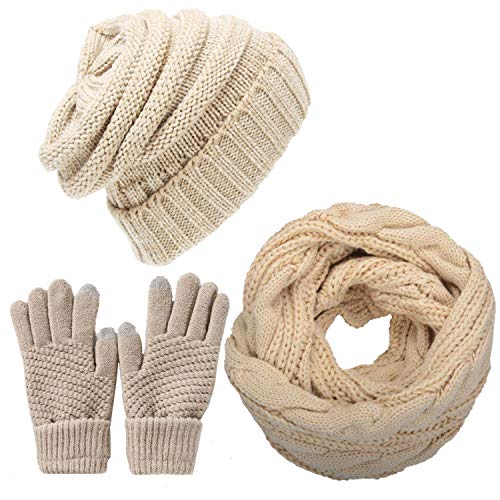 CheChury Winter Schal Strickmütze Kombiset Strickset Beanie Handschuhe Damen Schal Mütze Handschuhe Set Gestrickt Geschenkset Touchscreen-Handschuhe von CheChury