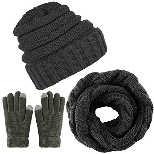 CheChury Winter Schal Strickmütze Kombiset Strickset Beanie Handschuhe Damen Schal Mütze Handschuhe Set Gestrickt Geschenkset Touchscreen-Handschuhe von CheChury