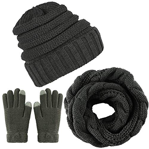 CheChury Winter Schal Strickmütze Kombiset Strickset Beanie Handschuhe Damen Schal Mütze Handschuhe Set Gestrickt Geschenkset Touchscreen-Handschuhe,Grau,Onesize von CheChury