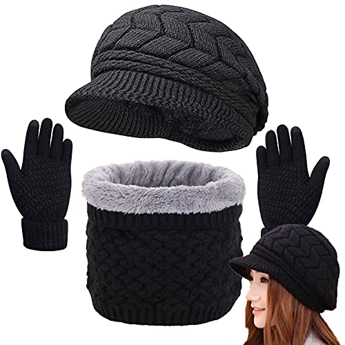 CheChury Mütze Schal Set Damen Wintermütze Warm Strickmütze Schal Touchscreen Handschuh Damen Winter Kombi Set Beanie mit Pompon Grobstrick Schal Damen Geschenk Winterzubehör Warm Outdoor Sport von CheChury