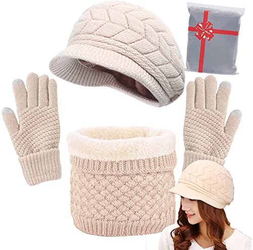 CheChury Mütze Schal Set Damen Wintermütze Warm Strickmütze Schal Touchscreen Handschuh Damen Winter Kombi Set Beanie mit Pompon Grobstrick Schal Damen Geschenk Winterzubehör Warm Outdoor Sport von CheChury