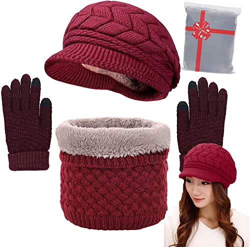 CheChury Mütze Schal Set Damen Wintermütze Warm Strickmütze Touchscreen Handschuh Winter Kombi Set Beanie Mit Pompon Grobstrick Geschenk Winterzubehör Warm Outdoor Sport von CheChury