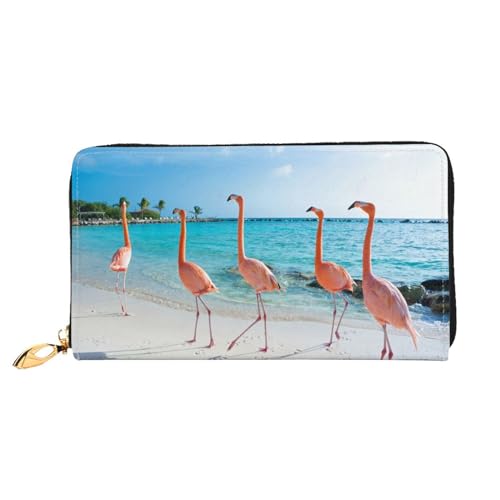 LZCGAC Bedruckte Geldbörse aus Leder mit weihnachtlichem Hirsch-Motiv, mit robustem Metall-Reißverschluss, Strand-Flamingo-Druck, Einheitsgröße von LZCGAC