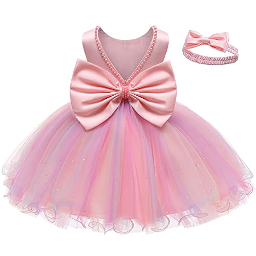 LZH Baby Girls rüschen Spitze Backless mit Headwear, Bowknot Blume Kleider Pageant Party Hochzeit Garnelen-Rosa 2-3 Jahre von LZH