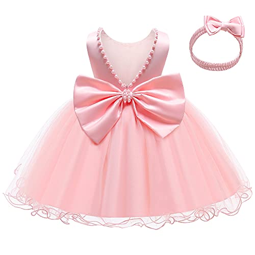 LZH Baby Girls rüschen Spitze Backless mit Headwear, Bowknot Blume Kleider Pageant Party Hochzeit Rosa von LZH