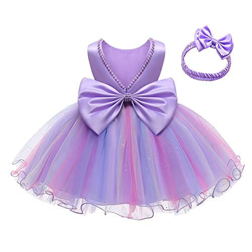 LZH Baby Girls rüschen Spitze Backless mit Headwear, Bowknot Blume Kleider Pageant Party Hochzeit Violett von LZH