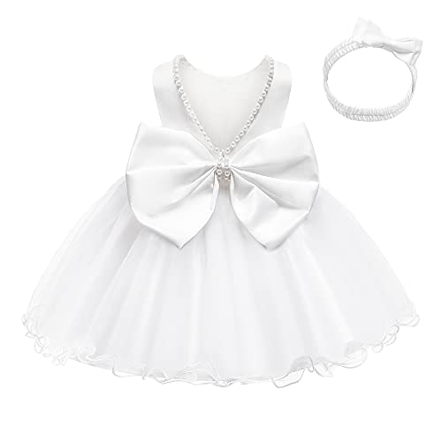 LZH Baby Girls rüschen Spitze Backless mit Headwear, Bowknot Blume Kleider Pageant Party Hochzeit Weiß von LZH