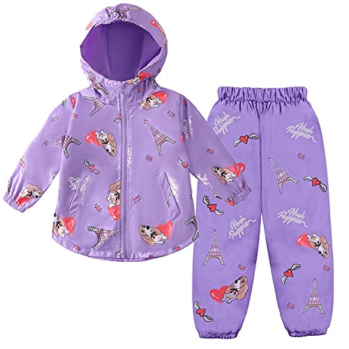 LZH Baby Mädchen Regenmantel Anzug Wasserdichte Kapuzenmantel Jacke & Hose 2Pcs Outwear Kleidungsset,2714-Lila,1-2 Jahre(100) von LZH