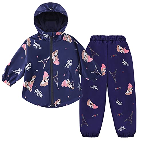 LZH Baby Mädchen Regenmantel Anzug Wasserdichte Kapuzenmantel Jacke & Hose 2 Stück Outwear Kleidungsset,2714-Dunkelblau,3-4 Jahre(120) von LZH