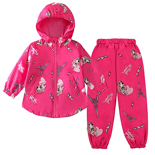 LZH Baby Mädchen Regenmantel Anzug Wasserdichte Kapuzenmantel Jacke & Hose 2 Stück Outwear Kleidungsset,2714-Rose Rot,4-5 Jahre(130) von LZH