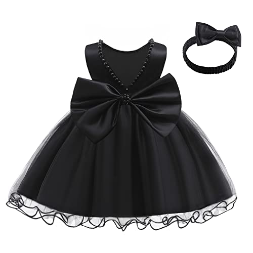 LZH Baby Mädchen Rüschen Spitze Backless mit Kopfbedeckung, Bowknot Blume Kleider Pageant Party Hochzeit, schwarz, 18-24 Monate von LZH