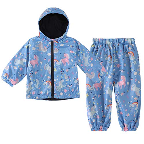 LZH Jungen Mädchen Regenmantel, wasserdichte Kapuze Jacke Mantel Hose Anzug 2PCS Sets, Hellblau, 120 von LZH