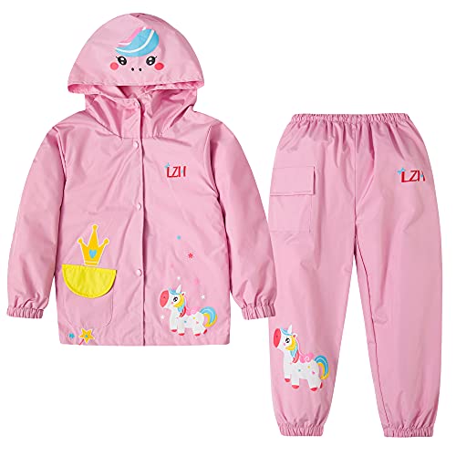 LZH Jungen Regenmantel Kinder Wasserdichte Mit Kapuze Mädchen, Jacke Hosen Anzug Lightweight 2 Stück Sets, Unisex Größe 100/1-2 Jahre, Rosa von LZH