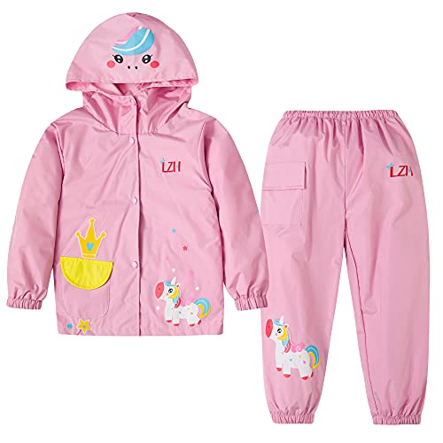 LZH Jungen Regenmantel Kinder Wasserdichte Mit Kapuze Mädchen, Jacke Hosen Anzug Lightweight 2 Stück Sets, Unisex Größe 100/2-3 Jahre, Rosa-a von LZH