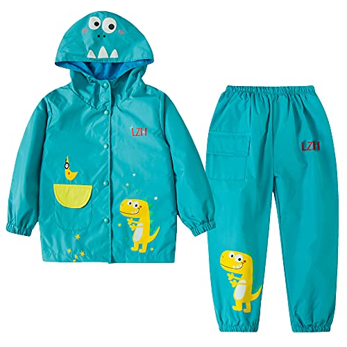 LZH Jungen Regenmantel Kinder Wasserdichte Mit Kapuze Mädchen, Jacke Hosen Anzug Lightweight 2 Stück Sets, Unisex Größe 90/1-2 Jahre, Blau von LZH