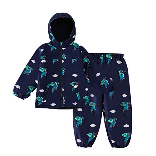 LZH Kleinkind Regenponcho Baby Jungen Regenmantel wasserdichte imperméable Kapuzenjacke Dinosauriermantel + Hosenanzug, Navyblauer-Fleece,6-7 Jahre(130) von LZH