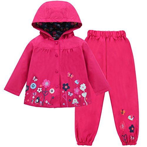LZH Mädchen Kinder Regenjacke mit Kapuze Regenhose 2pcs Bekleidungsset, Magenta, 4-5 Jhare(120) von LZH