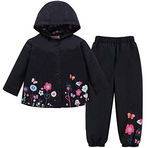 LZH Mädchen Kinder Regenjacke mit Kapuze Regenhose 2pcs Bekleidungsset, Schwarz, 4-5 Jhare(130) von LZH