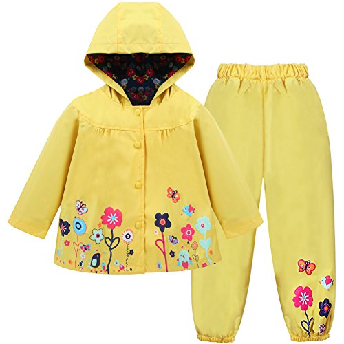 LZH Mädchen Kinder Regenjacke mit Kapuze Regenhose 2pcs Bekleidungsset, Yellow, 2-3 Jhare(110) von LZH