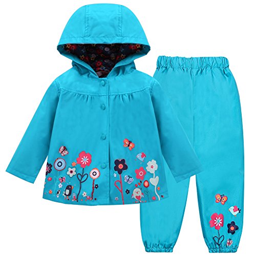 LZH Baby Mädchen Regenmantel Anzug Wasserdichte Kapuzenmantel Jacke & Hose 2Pcs Outwear Kleidung Set,Blau,1–2 Jahre(100) von LZH