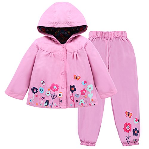 LZH Baby Mädchen Regenmantel Anzug Wasserdichte Kapuzenmantel Jacke & Hose 2Pcs Outwear Kleidung Set,Rosa,3-4 Jahre(110) von LZH