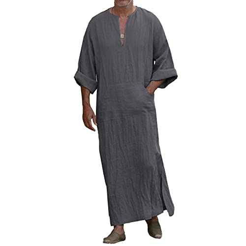 Männer Leinen Weiche Muslimische Roben Abaya Dubai Arabisch Islamische Kleid Kleidung Kaftan Jubba Thobe Qamis Homme Islam Traditionelle Kostüme,Grau,5XL von LZJDS