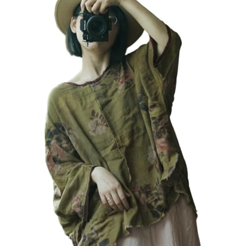 Damen Baumwolle Retro Chinesische Tops Rundhals Vintage Gedruckt Lose 3/4 Ärmel Bluse, olivgrün, Einheitsgröße Plus von LZJN