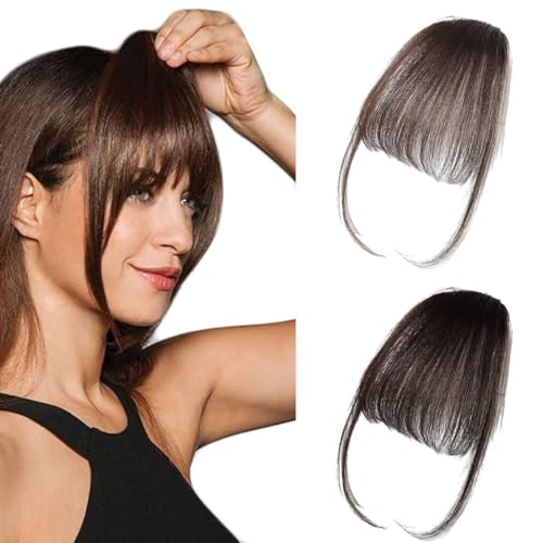 Clip in Bangs aus Kunstfasern, 2 Stück, in hell- und dunkelbraun für Frauen, inklusive Clip in Fransen als Haarverlängerungen. von LZKHEH
