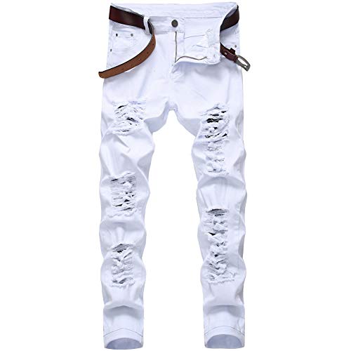 LZLER Herren Jeans, gerissene Denim-Hose mit Löchern - Weiß - 50 von LZLER