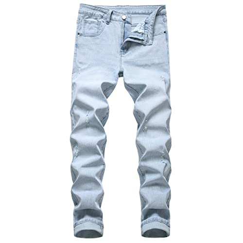 LZLER Herren-Jeans, zerrissen, Destroyed, schmale Passform, gerades Bein, Denim-Hose mit Löchern, Hellblau 021, 50 LZLER Herren-Jeans, zerrissen, Destroyed, schmale Passform, gerades Bein, Denim-Hose mit Löchern, Hellblau 021, 50 von LZLER