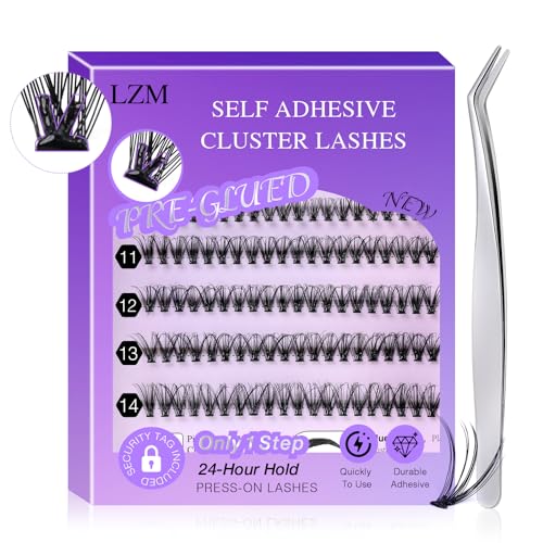 LZM Selbstklebende Wimpern Kit - Vorgeklebte Wimpernbüschel Flauschiges D Curl Einzelwimpern Kein Kleber Kein Entferner benötigt DIY Wimpernverlängerung Kit (30D, 9-14mm mixed) von LZM