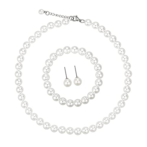 LZMEI Weiße 8 mm künstliche handgeknüpfte Glasimitationsperlen Perlen Halskette Ohrringe Schmuck 3er-Set für Damen und Mädchen, 18.5inch, Glas Edelstahl, Kein edelstein LZMEI Weiße 8 mm künstliche handgeknüpfte Glasimitationsperlen Perlen Halskette Ohrringe Schmuck 3er-Set für Damen und Mädchen, 18.5inch, Glas Edelstahl, Kein edelstein von LZMEI