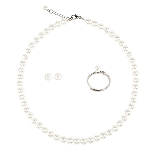 LZMEI Weiße Kunst-Handglas-Imitationsperlen Halskette Ohrringe Ring Schmuck für Damen und Mädchen, Glasperlenpulver, keine Art Glasimitationsperlen von LZMEI