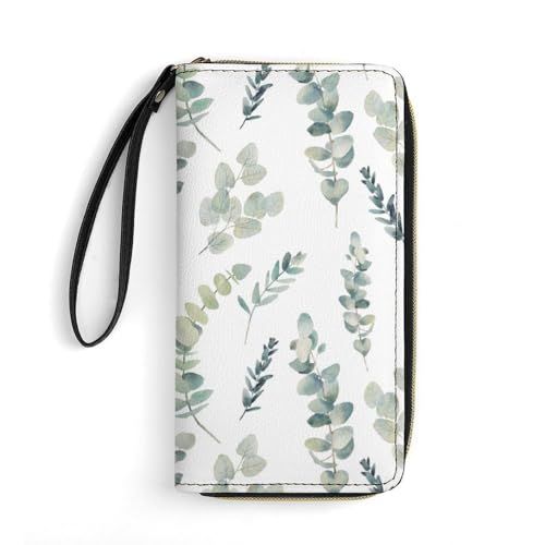 LZNJZ Geldbörse aus PU-Leder für Damen, bunt, schlicht, Regenbogen-Geldbörse mit Handgelenkschlaufe, Erfrischende Aquarellblätter, 19.7x10.5cm von LZNJZ