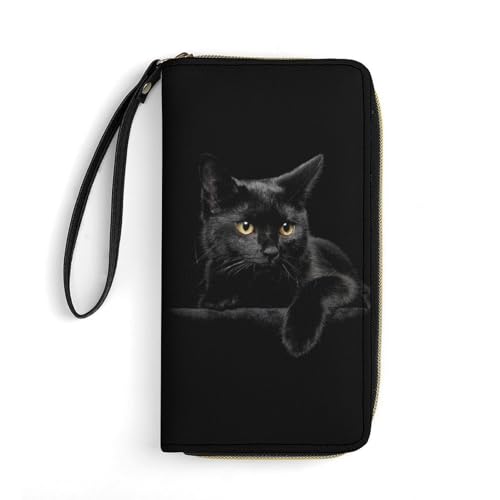 LZNJZ Geldbörse aus PU-Leder für Damen, russische Flagge, Geldbörse mit Handschlaufe, Staring Black Cat, 19.7x10.5cm von LZNJZ