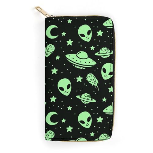 LZNJZ PU-Leder-Geldbörse, Cartoon-Dackel-Geldbörse für Damen, Moon Cartoon Alien, 19.7 x 10.5 x 3.5 cm von LZNJZ