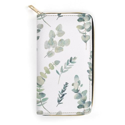 LZNJZ PU-Leder-Geldbörse, Cartoon-Textur, Giraffen-Geldbörse für Damen, Erfrischende Aquarellblätter, 19.7 x 10.5 x 3.5 cm von LZNJZ